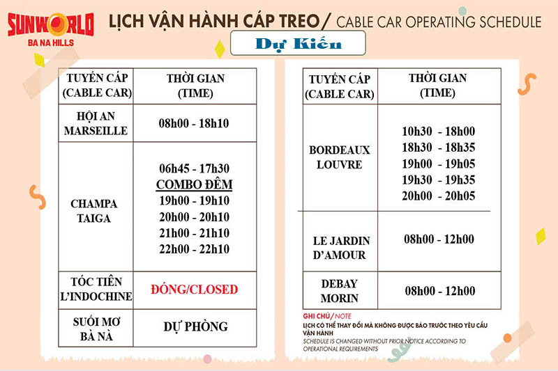 Lịch Vận Hành Cáp Treo Bà Nà 2025